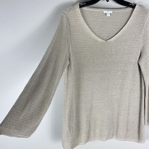 J Jill Crochet Open Knit Top Womens Sz  Medium Linen Blend Oatmeal Beach Coastal - Picture 2 of 6